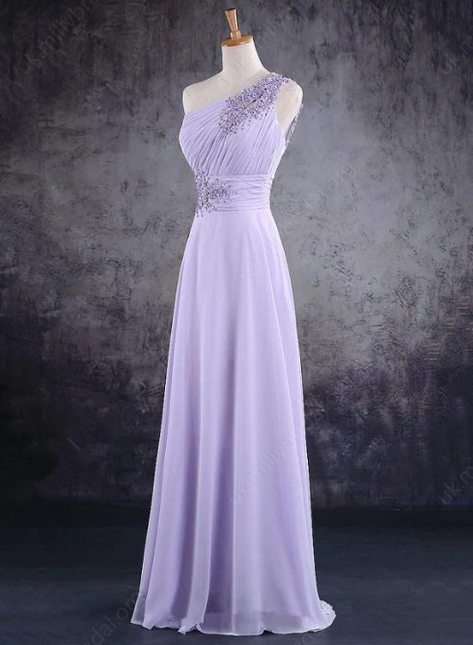 Robe de soirée en mousseline de soie à une épaule violet clair avec appliques en dentelle, robe de demoiselle d'honneur trapèze gh112