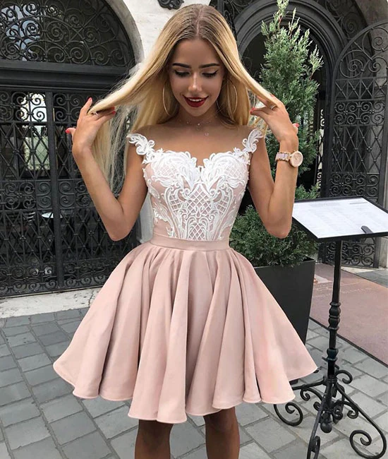 Cute pink lace short prom dress, pink homecoming dress  gh1765