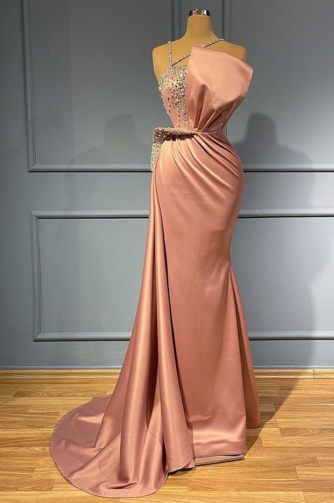 Robe de bal sirène rose sans manches à bretelles spaghetti et volants avec perles gh714