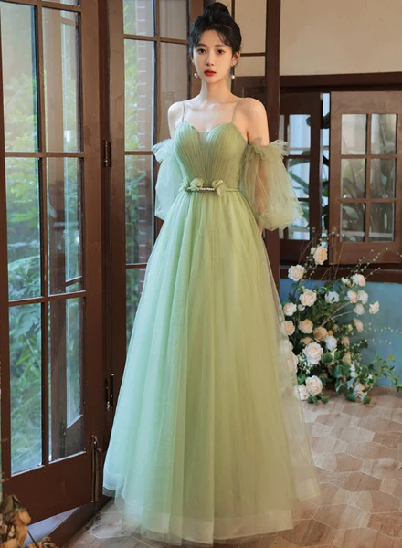 Light Green Tulle Simple Sweetheart Party Dresses, Green Long Prom Dresses gh5