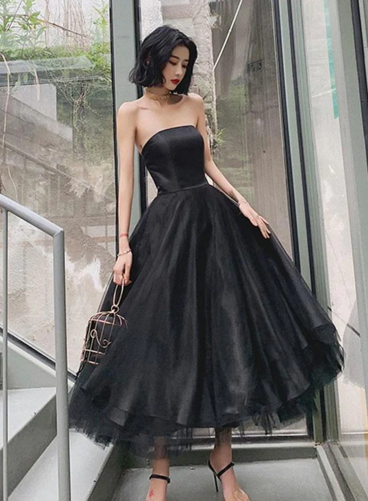 Robe de soirée en tulle simple longueur thé noir, robe de soirée noire, robe de bal gh73