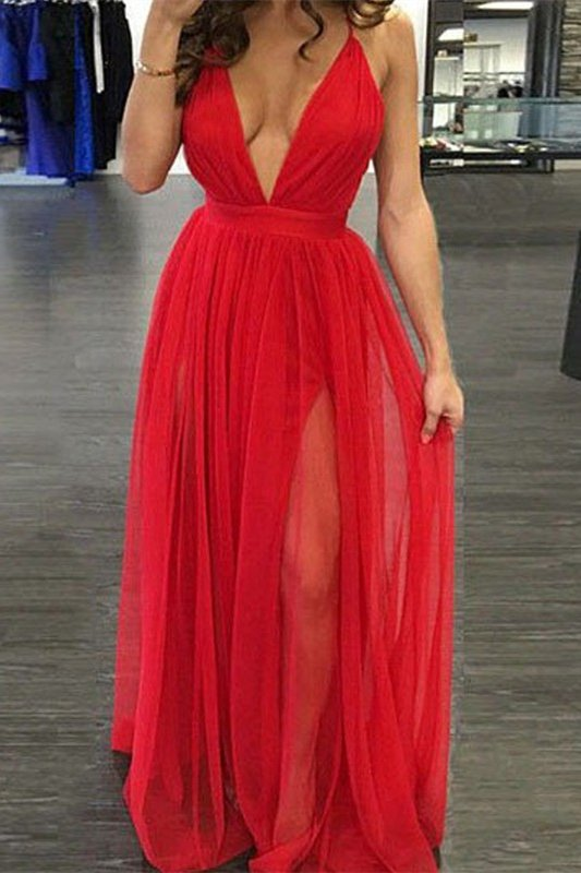 Red Deep V-Neck Long Prom Dress With Slit gh688