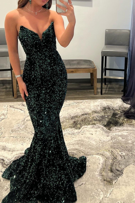 Dark Green V-Neck Long Mermaid Prom Dress With Sequins gh782
