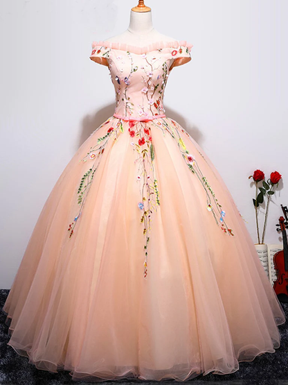 Gorgeous Light Pink Cap Sleeves Embroidery Long Formal Gown, Beautiful Sweet 16 Gowns gh595