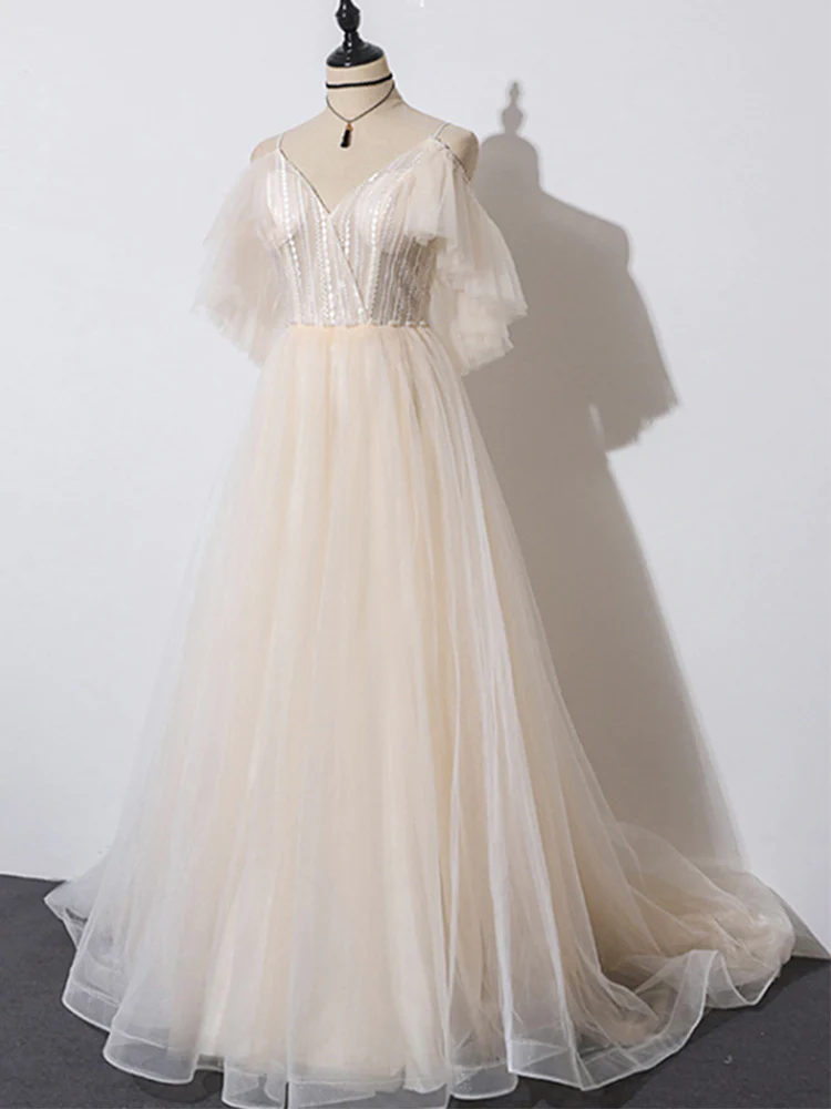 Beautiful Champagne Tulle Long A-Line Party Dress, Evening Gown  gh474