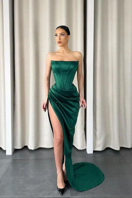 Robe de bal sirène sans manches vert foncé à longue fente et sans bretelles gh719