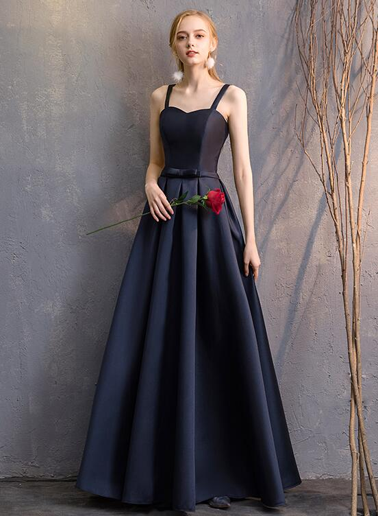 Navy Blue Satin Straps Long Evening Dress Floor Length , Blue Formal Dress Party Dress gh52