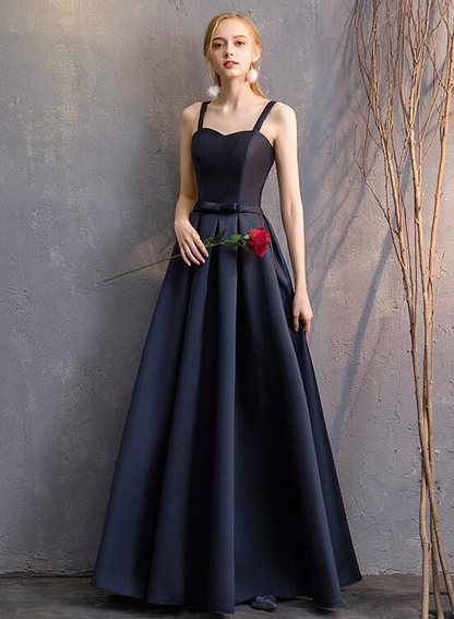 Navy Blue Satin Straps Long Evening Dress Floor Length , Blue Formal Dress Party Dress gh52