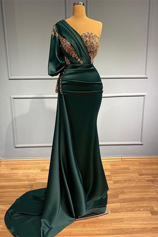 Dark Green One-Shoulder Mermaid Beads Prom Dress With Appliques gh713