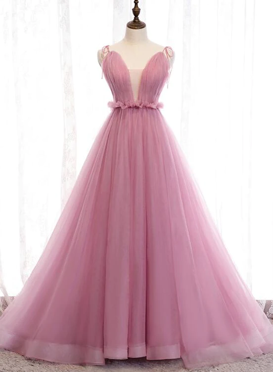 Charmante robe de soirée longue en tulle à bretelles et décolleté en V rose, robe de bal rose gh182