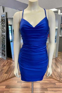 Royal Blue V-Neck Ruched Fitted Short Homecoming Dress gh1282