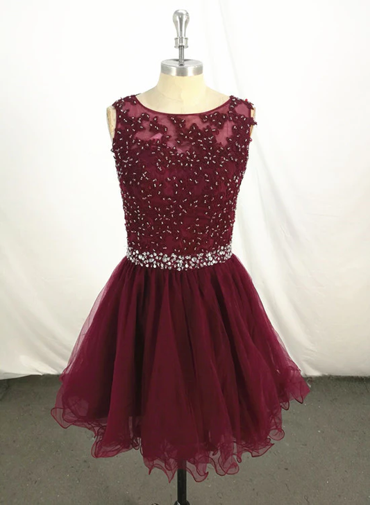New Handmade Wine Red Knee Length Homecoming Dress, Short Party Dress gh506
