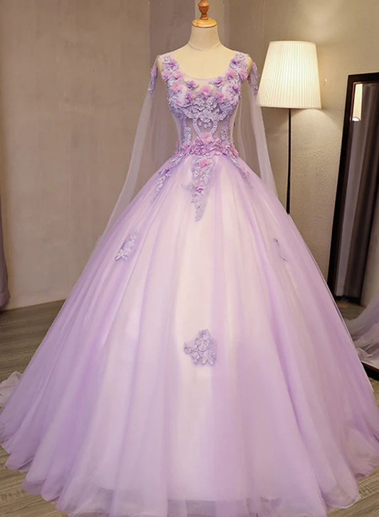 Bezauberndes langes Ballkleid mit Lavendel-Tüll-Blumen, Sweet 16 Gowns gh380