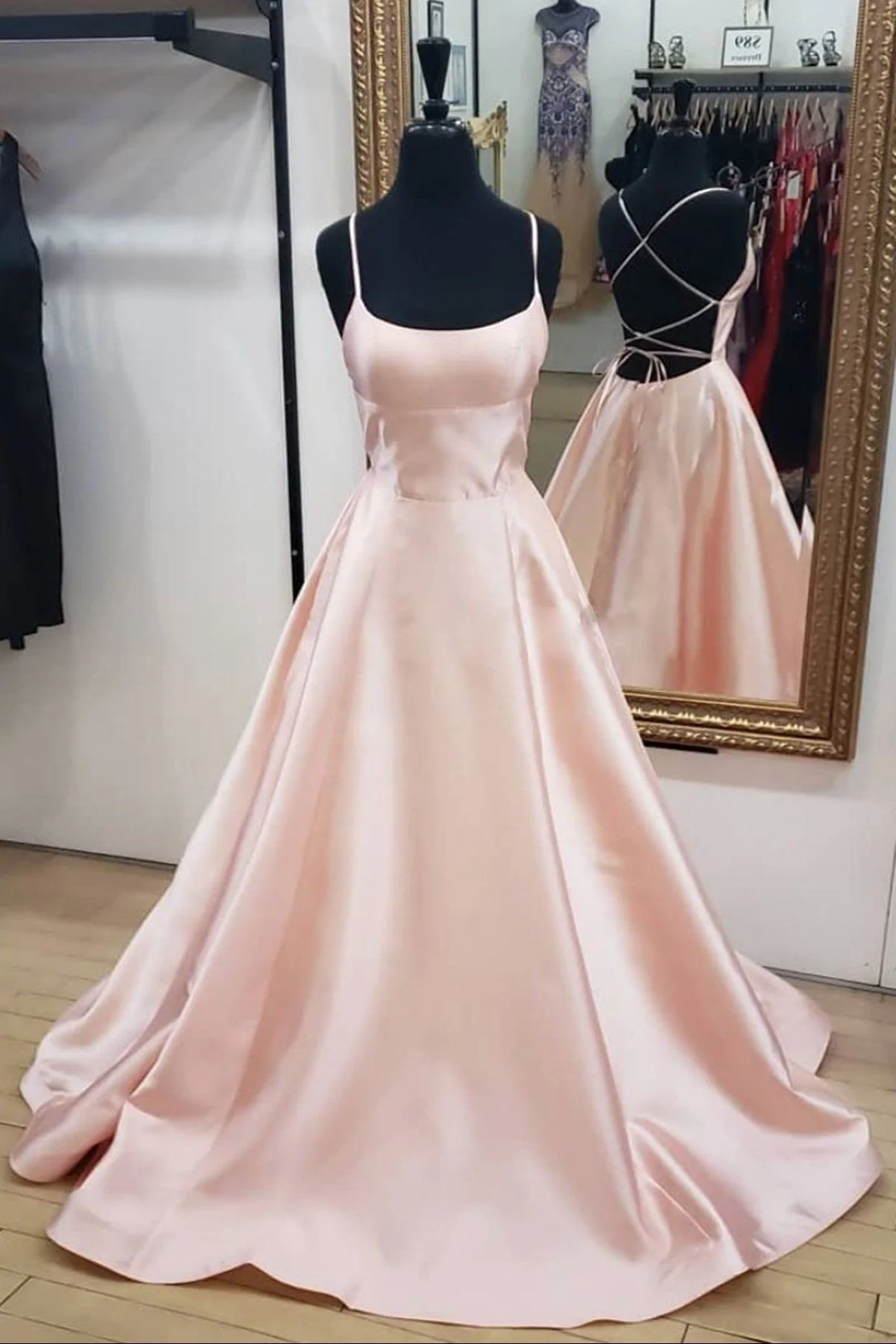 Pink spaghetti straps a-line satin prom dresses gh1160