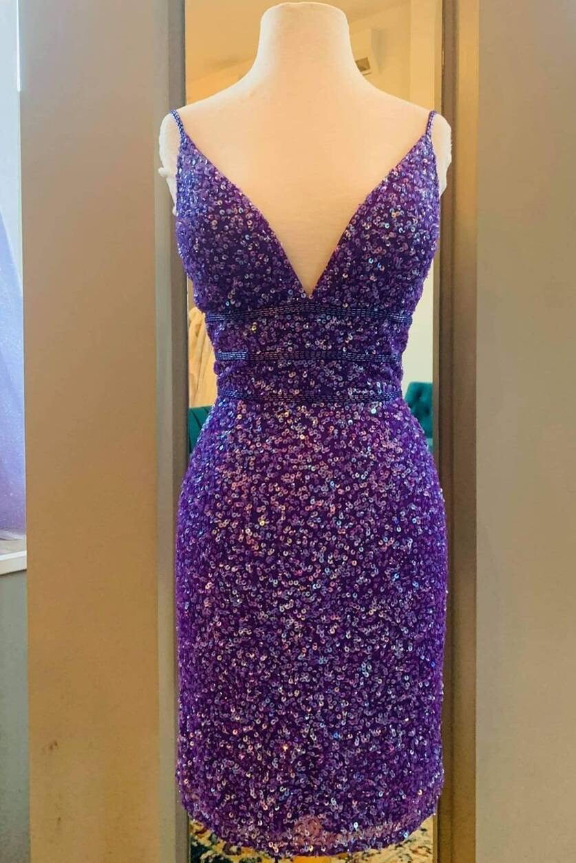Purple Sequins Tight Short Party Dress gh1561