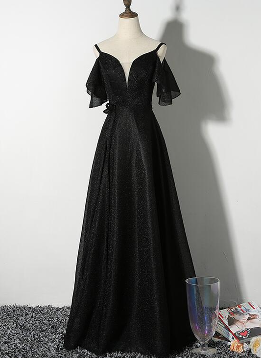 Schönes langes Partykleid mit schwarzen Trägern und V-Ausschnitt, schwarzes formelles Kleid gh472