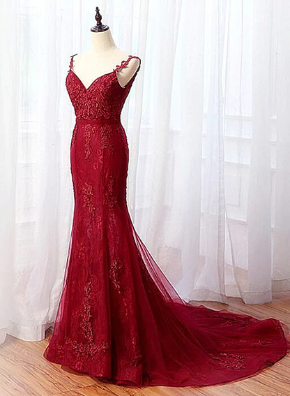 Charming Mermaid Lace Burgundy Prom Dress, Tulle Long Evening Dress gh431