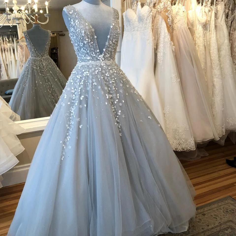 Light Grey Prom Dresses,Backless Prom Dress,Tulle Evening Dresses gh963