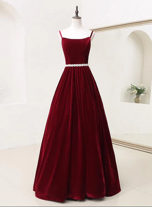 Elegante Träger Samt Langes Abendkleid Mit Gürtel, Langes Abschlussballkleid gh446