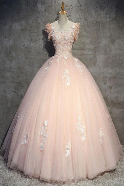 Robe de bal longue en tulle pêche clair avec fleurs, robe de bal princesse à col transparent, robe de soirée gh990