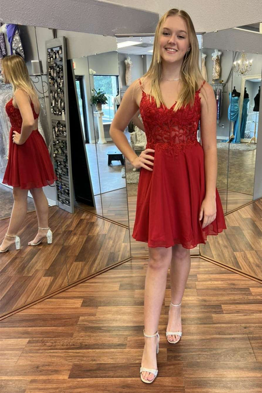 Wine Red Appliques Spaghetti Straps A-Line Short Homecoming Dress gh1267