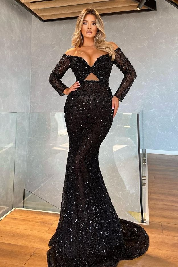 Black Long Sleeves V-Neck Mermaid Prom Dress With Sequins gh779