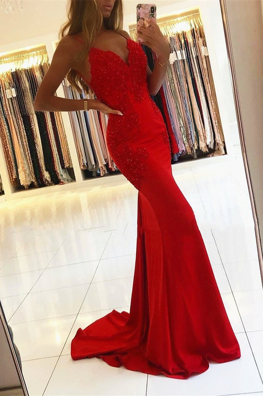 Red Spaghetti-Straps Mermaid Prom Dress With Appliques gh641