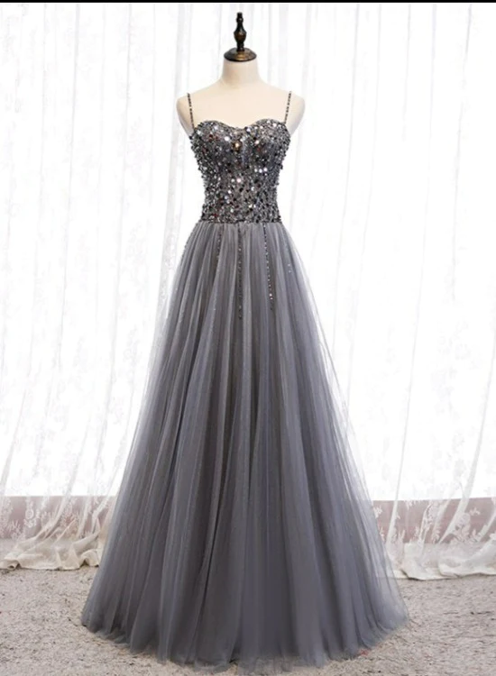Grey Beaded Straps Sweetheart Shiny Tulle Long Party Dresses, Grey Long Prom Dresses  gh22