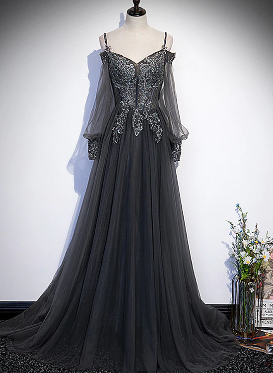 Dark Grey Long Sleeves Lace Applique A-Line Prom Dress, Grey Long Formal Dresses  gh48