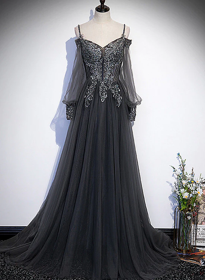 Dark Grey Long Sleeves Lace Applique A-Line Prom Dress, Grey Long Formal Dresses  gh48