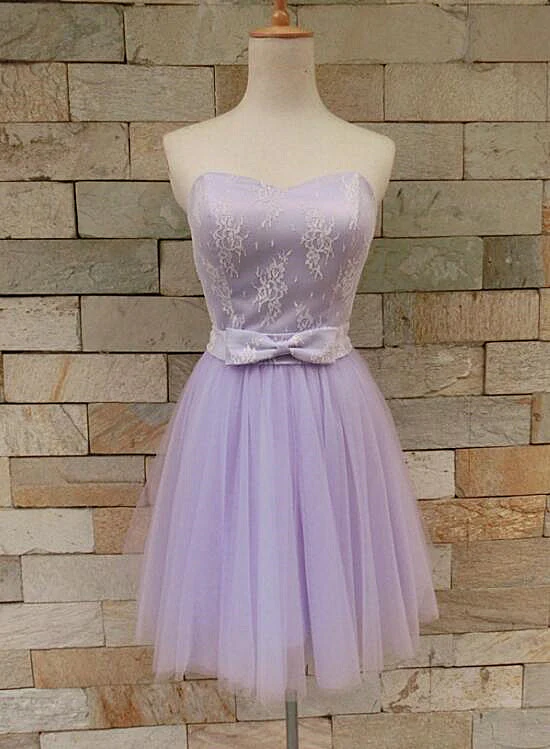 Schönes lavendelfarbenes Tüll- und Spitzen-niedliches Partykleid, Schatz-Partykleid mit Schleife gh412