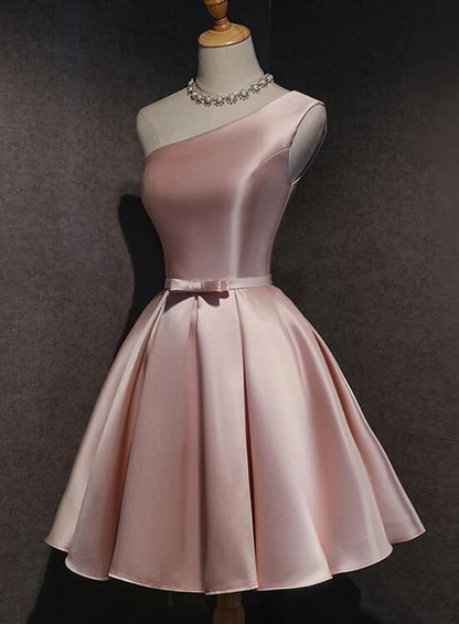 Pink Satin One Shoulder Homecoming Dress, Knee Length Prom Dress gh853