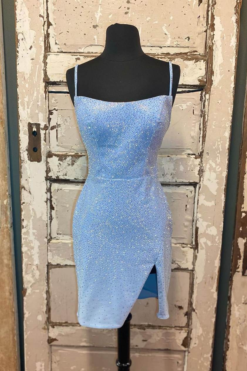Beaded Light Blue Bodycon Party Dress with Slitgh1193