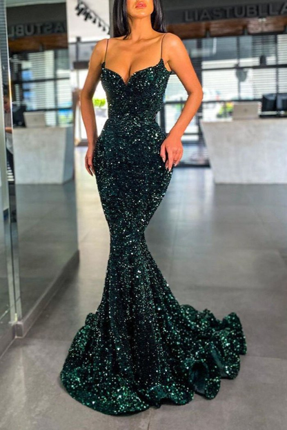 Dark Green Sequins Prom Dress Mermaid gh614