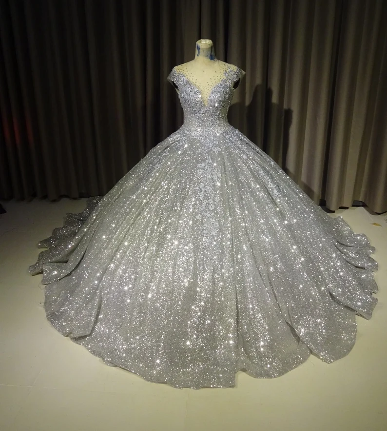 Sparkly Silver Gown, Silver Dress - Silver Ballgown - Wedding Gown, Modern Evening Wear, sparkly Ballgown, Custom Made  gh932