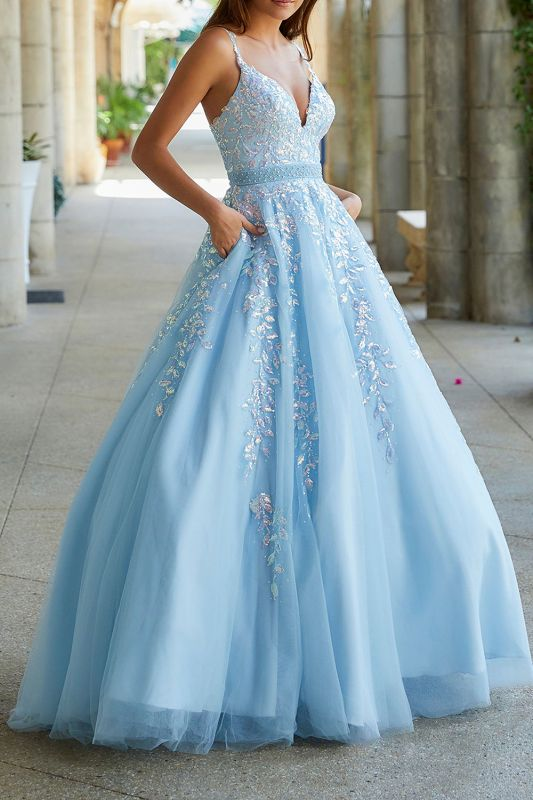 Robe de bal élégante en dentelle florale pailletée à bretelles spaghetti et longueur au sol gh1119