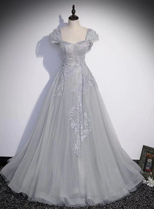 Grey Sweetheart Lace And Tulle A-Line Evening Dress, Light Grey Prom Dress gh54