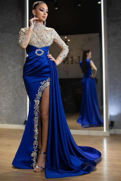 Royal Blue Long Sleeves Beadings Meerjungfrau Abendkleid Split mit Rüschen gh760