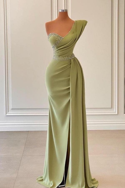 Sage green elegant one shoulder slit long fitted mermaid ball gown evening dress with beads gh793