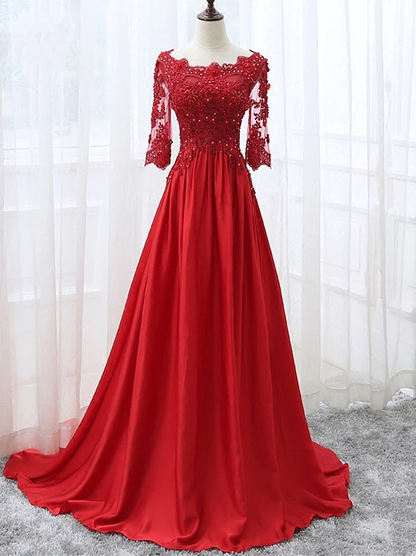 Belle robe de soirée longue en satin rouge à manches courtes, robe de bal rouge gh187