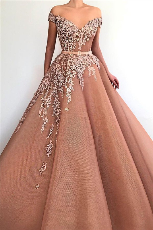 Elegant Off-The-Shoulder Appliques V-Neck Mermaid Prom Dress With Belt gh728