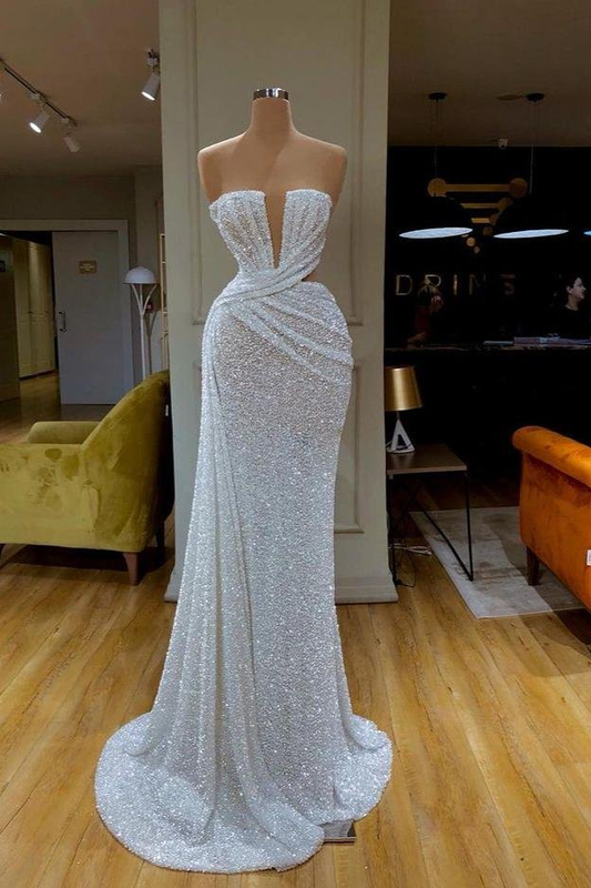 Gorgeous White Sequins Strapless Prom Dress Online gh633