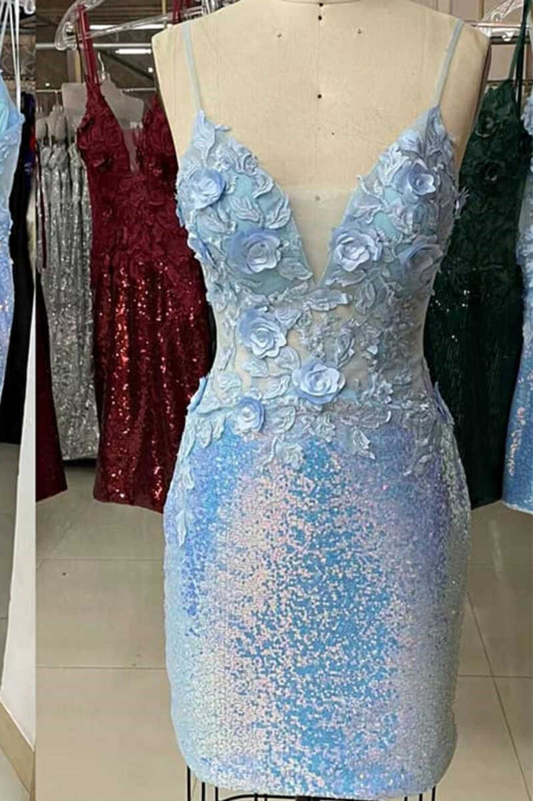 Robe moulante bleu clair à paillettes appliquées gh1425