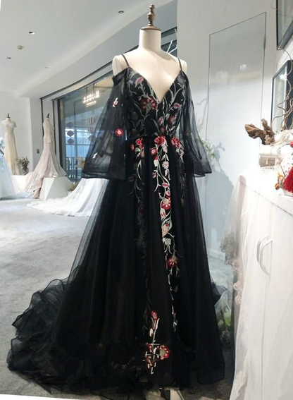 Black Long Sleeves Floor Length Formal Dress, Charming Party Dress Prom Dress gh1045