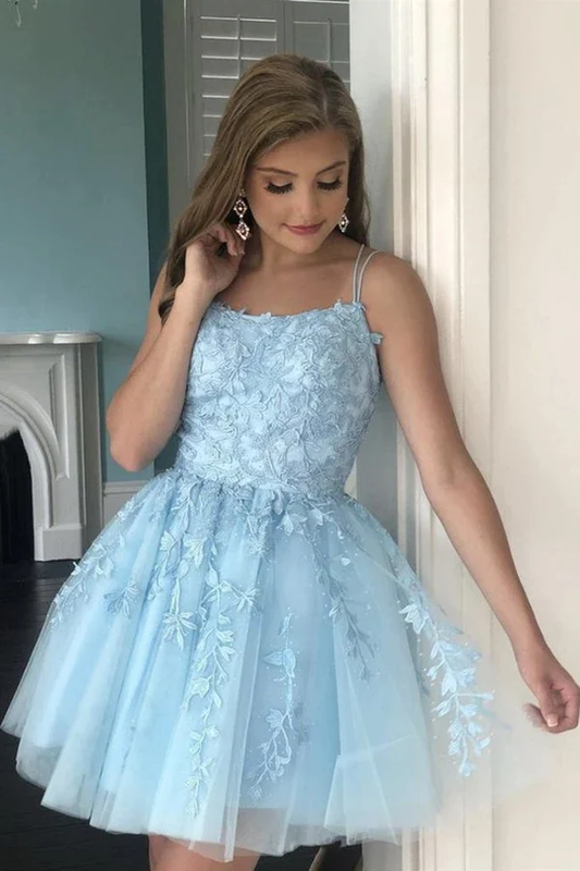 A Line Light Blue Tulle Homecoming Dress With Lace Appliques, Short Prom Dress gh1634