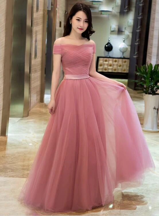 Dark Pink Tulle Off Shoulder Bridesmaid Dress, Long Party Gown gh476