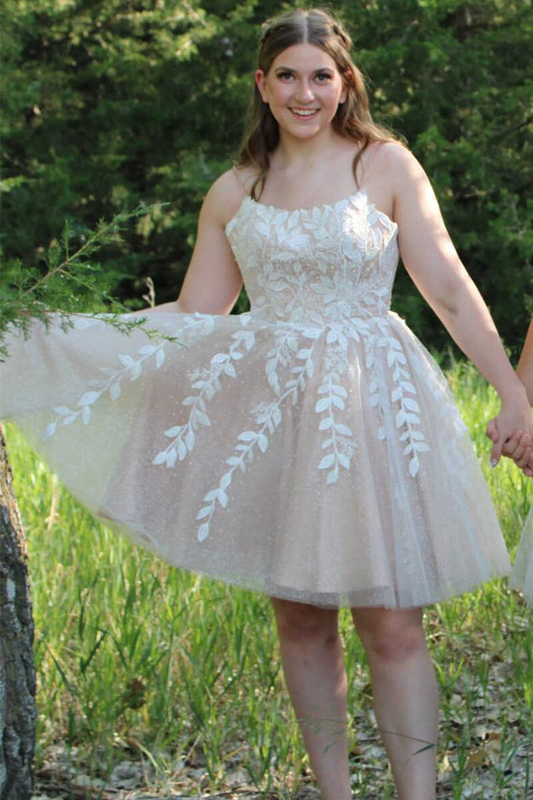 A-Line Ivory Appliques Lace-Up Short Homecoming Gown  gh1286