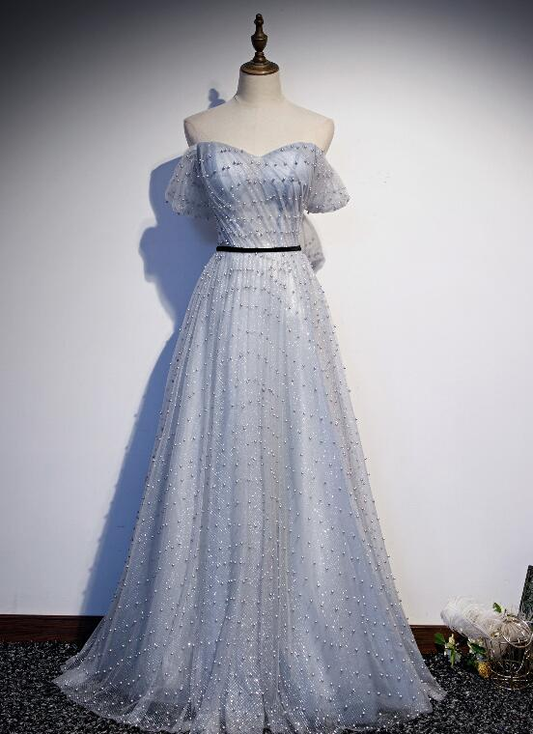 Robe de soirée longue en tulle à épaules dénudées et décolleté en cœur gris clair, robe de bal trapèze gh89