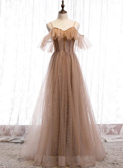 Champagne Tulle Off Shoulder Straps A-Line Prom Dress, Long Evening Dress Party Dress  gh26