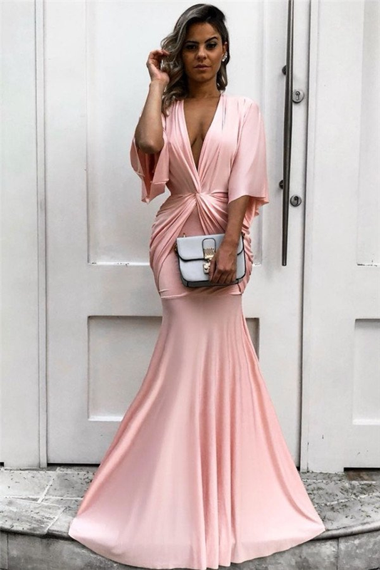 Light Pink Half Sleeves Mermaid Long Prom Dress gh759